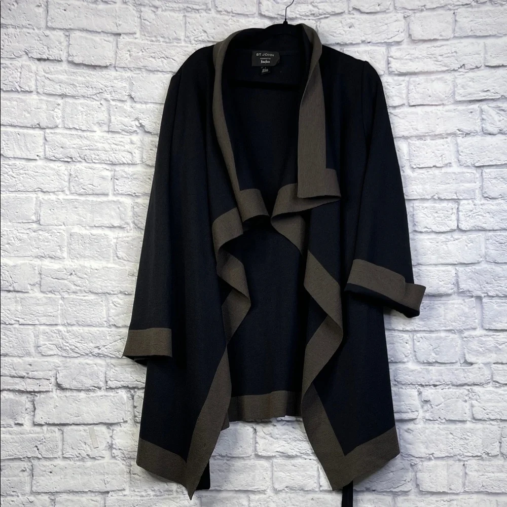 St. John Collection Wool black and taupe color-block Santana knit cardigan L
